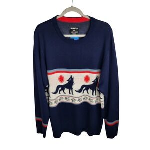 Kavu Men's Highline Wolf Print Sweater Size XL Blue Grandpa Eclectic Icelandic